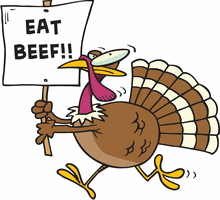 cartoon turkey holding eat beef sign