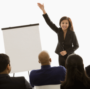 woman leading business meeting